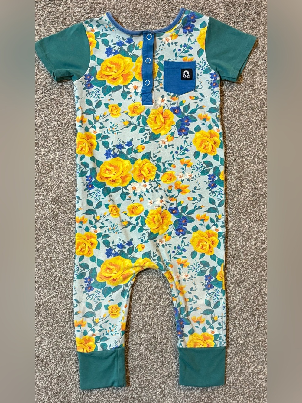 Floral Short-Sleeve Baby Romper in Yellow & Teal